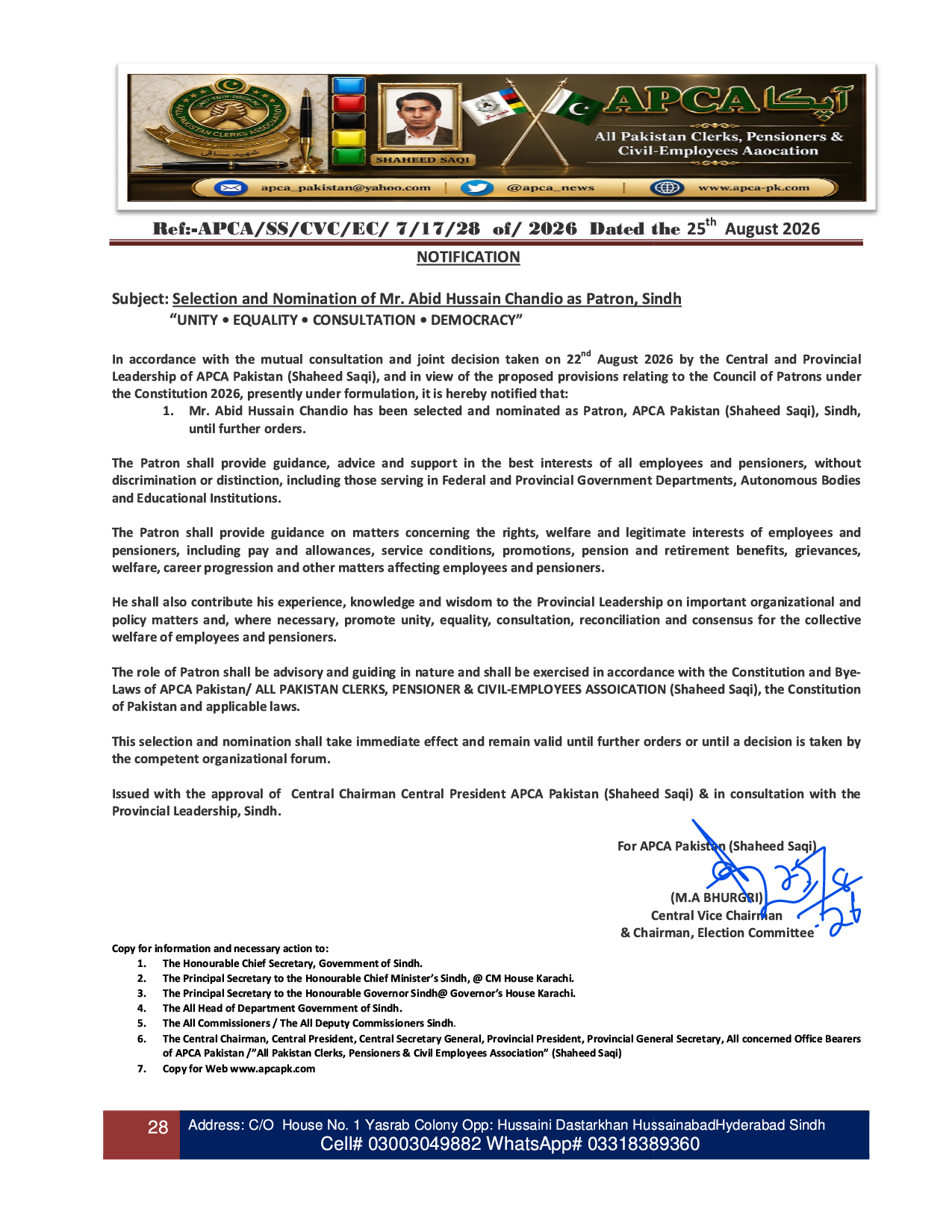 Selection and Nomination of Mr. Abid Hussain Chandio as Patron, Sindh
